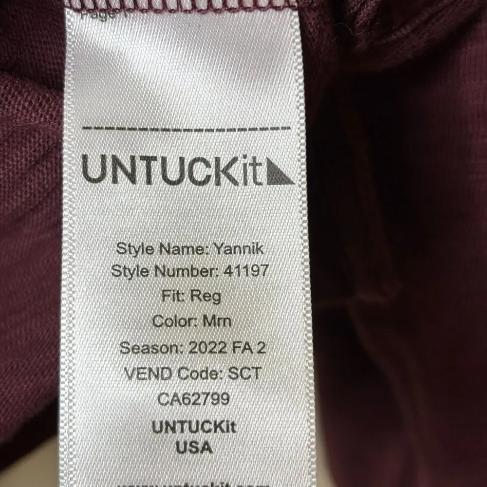 UNTUCKit Men's Yannik Henley Shirt Size XL Burgundy L/S‎ Cotton Slub Casual